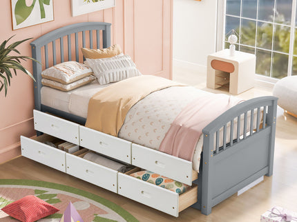 Platform Storage Bed Solid Wood Bed With 6 Drawers