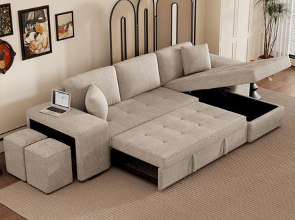 Modern L-Shape 3 Seat Reversible Sectional Couch, Pull Out Sleeper Sofa With Storage Chaise And 2 Stools For Living Room Furniture Set