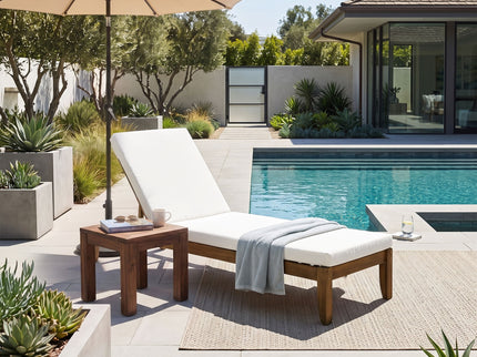 Adjustable Outdoor Patio Lounge Chair Chaise Lounge - Beige / Walnut