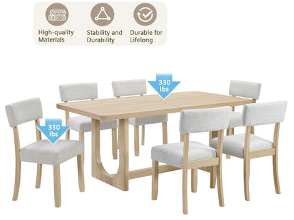 7 Piece Dining Table Set For 6, Rectangular Table & 6 Upholstered Chairs, Sturdy U - Shaped Base For Dining Room - Light Oak