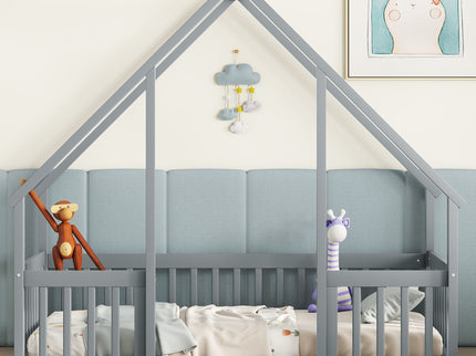Wood House-Shaped Floor Bed With Fence, Guardrails