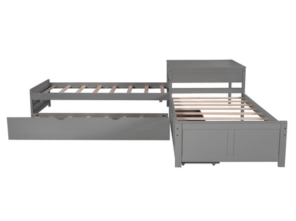 L Shaped Platform Bed With Trundle And Drawers Linked With Built In Desk