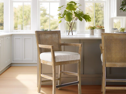 Cane Back Counter Stool With Upholstered Seat - Cream / Reclaimed Natural