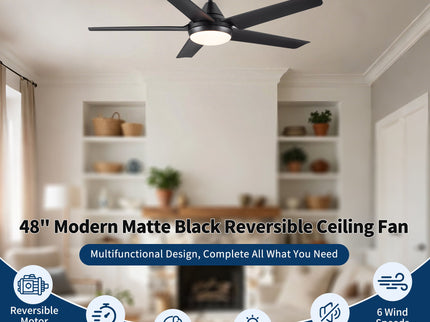Ceiling Fan With Lights And Remote Control, Reversible DC Motor, 6 Speeds, 3 Cct Dimmable LED, Quiet Timer For Indoor - Black