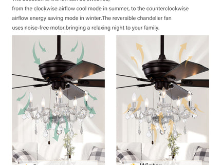 52" Crystal Shade Ceiling Fan Lamp, 3 Speed, 4 Timing, 5 Reversible Blades Crystal Ceiling Fan, 5 Pieces X E12 (No Include Bulb), Hand Pull Chain - Matte Black