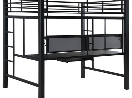 Ranier - Full Workstation Loft Bed, Full Length Desk, Safety Rails And Storage Shelves - Black