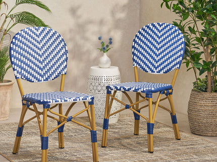 Outdoor Rattan And Aluminum French Armless Bistro Chairs Set - Navy Blue