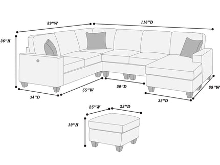 5 Piece Sectional Set With USB Port Left Arm Loveseat Chaise Right Arm Loveseat Corner Wedge Armless Chair Ottoman Upholstered - Black / Slate