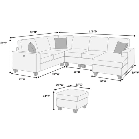 5 Piece Sectional Set With USB Port Left Arm Loveseat Chaise Right Arm Loveseat Corner Wedge Armless Chair Ottoman Upholstered - Black / Slate