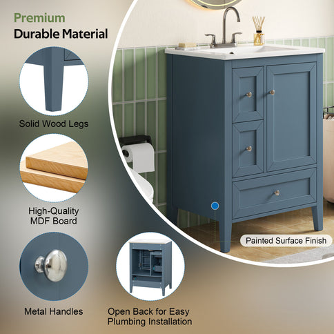 Modern Bathroom Vanity With Sink, Soft Close Drawers & Door, Storage Rack