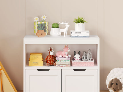 Book Organizer With Large Drawers And Open Shelves, Toy Storage Cabinet With Removable Wheels And Rounded Edges - White