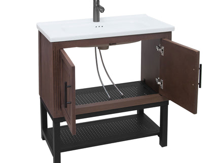 Modern Freestanding Bathroom Vanity With Ceramic Sink, Hot And Cold Faucet, Storage Cabinet & Open Shelf