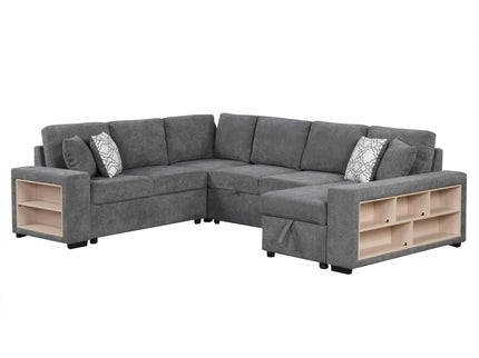 U-Shaped Sectional Sofa Pull-Out Sofa Bed With Two USB Ports, A Storage Chaise Lounge And Four Back Pillows For Living Room