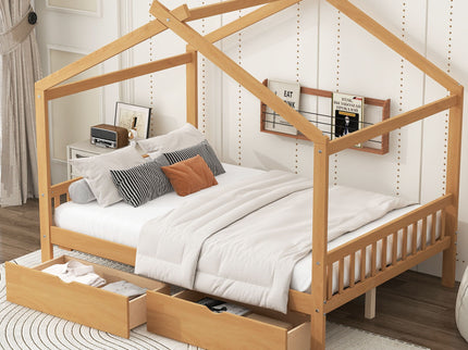 House Style Platform Bed With Headboard, Footboard, 2 Drawers, And Roof Design