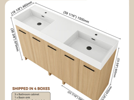 Double Sink Bathroom Vanity With Extra Large Storage, Integrated Sink, Freestanding Cabinet, Soft Close Doors - Glossy White / Light Oak