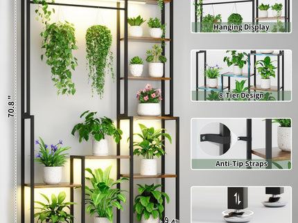 Large Plant Stand Indoor With Grow Light, Tall Plant Shelf, 8 Tiered Heavy Duty Metal Plant Stand, Square Flower Stand Display Rack For Living Room - Walnut / Black