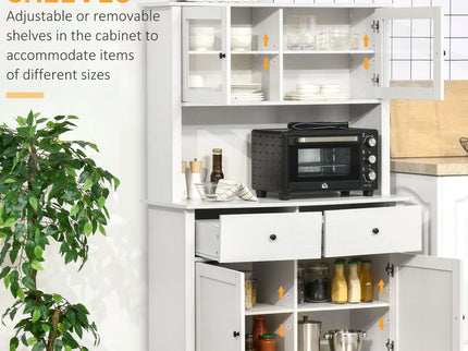 Homcom - 63.5" Kitchen Buffet With Hutch, Pantry Storage Cabinet With 4 Shelves, Drawers, Framed Glass Doors, Open Microwave Countertop - Antique White