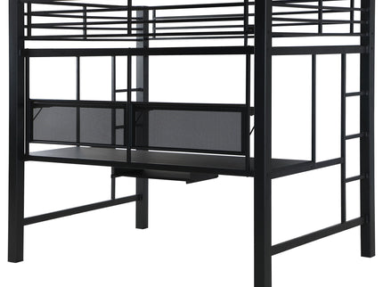 Ranier - Full Workstation Loft Bed, Full Length Desk, Safety Rails And Storage Shelves - Black
