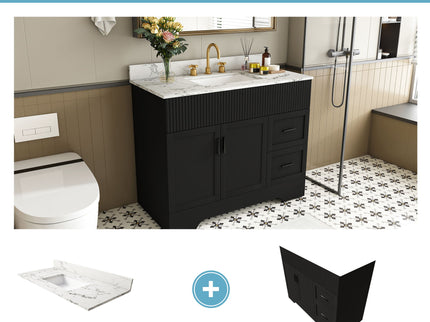 Bathroom Vanity Set, Fluted Cabinet, Soft Close Doors & Drawers, 3 Faucet Holes - Black