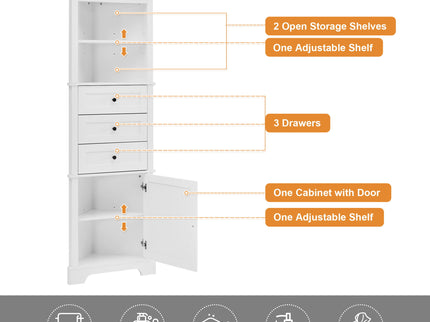 Tall Storage Cabinet With 3 Drawers And Adjustable Shelves For Bathroom