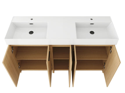 Double Sink Bathroom Vanity With Extra Large Storage, Integrated Sink, Freestanding Cabinet, Soft Close Doors - Glossy White / Light Oak