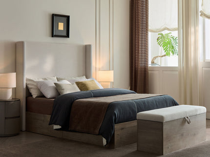 Shelton - Queen Upholstered Wingback Bed With 54" High Headboard - Ivory / Light Gray / Camel Oak