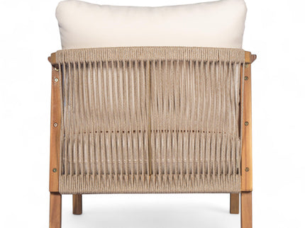 Outdoor Lounge Chair With Woven Backrest, Solid Wood Frame, Comfortable Cushions