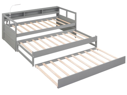 Daybed With 2 Trundles, 3 Storage Cubbies, Built In USB Charging Light