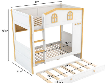 Bunk Bed With House Shaped Guardrails, Storage Shelves, And Trundle