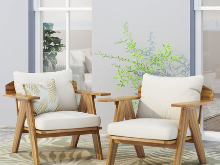 Outdoor Acacia Wood Club Chairs With Cushions (Set of 2) - Teak / Beige