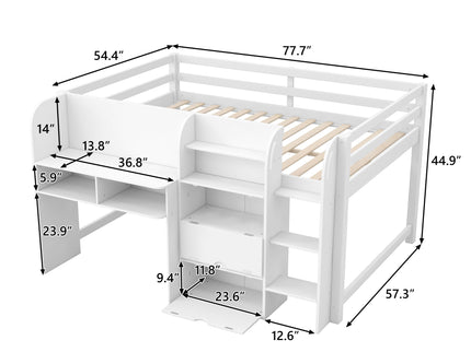 Low Loft Bed With Built In Desk, Storage Cabinets, Open Bookcase And Doodle board