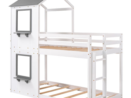 Bunk Bed Wood Bed & Roof, Window, Guardrail, Ladder