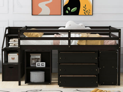 Loft Bed With Retractable Writing Desk And 3 Drawers With Storage Stairs And Shelves