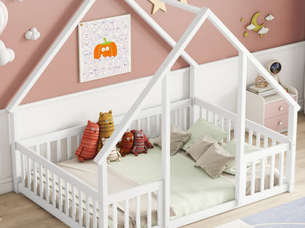 Wood House-Shaped Floor Bed With Fence, Guardrails
