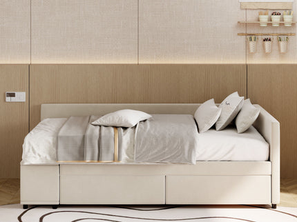 L Shaped Upholstered Platform Bed With Storage And Drawers