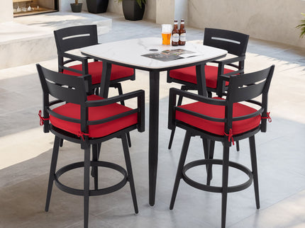 5 Pieces Outdoor Patio Bar Set, Rounded Square Sintered Stone Table & 4 Swivel Bar Chairs