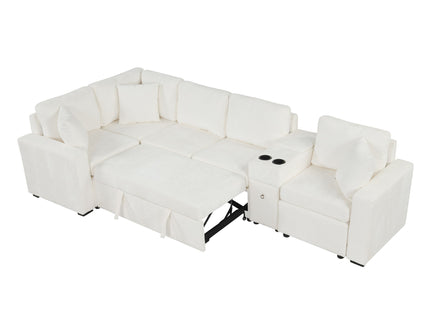 Modular L-Shaped Sectional Sofa Bed With Pull-Out Sleeper, Cup Holders, And Storage