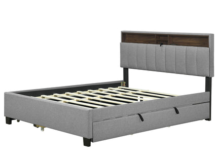 Upholstered Platform Bed With Storage Headboard, Trundle & 2 Drawers And A Set Of Sockets & USB Ports