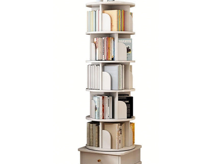Rotating Bookshelf With Wheels And Drawer, 360° Spinning Design, Space Saving Storage