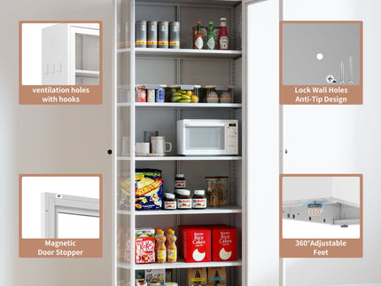 Industrial Metal Kitchen Pantry Cabinet With Adjustable Shelves - White