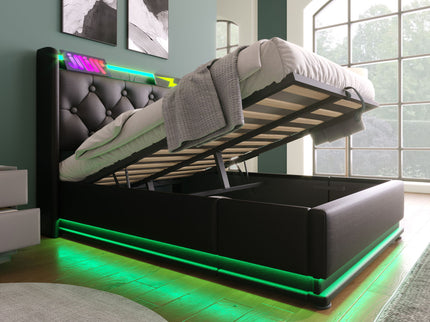 Upholstered Bed, 360 Surround LED Function, Remote Control, Hydraulic Storage Bed With USB, Type-C Charging (Without Mattress)