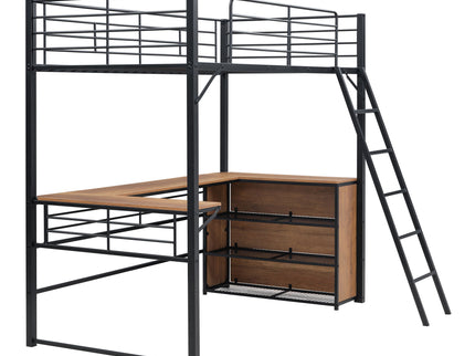 Loft Bed & 3 Layers Of Shelves And L-Shaped Desk