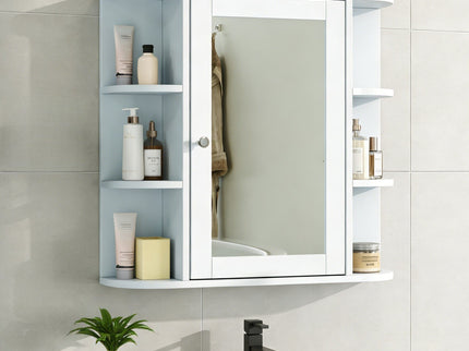 Bathroom Wall Storage Cabinet With Mirror And Adjustable Shelf, 6 Open Shelves