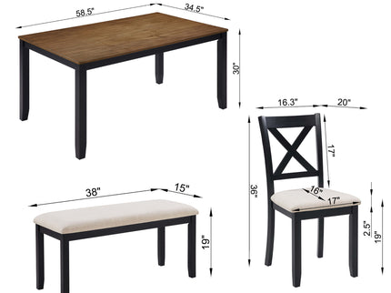 6 Piece Dining Table Set With Bench - Beige / Black / Oak
