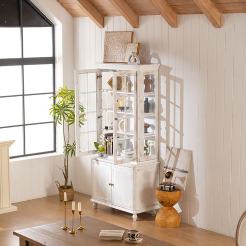 Vintage Display Cabinet With Double Glass Doors, Traditional Style Hutch For Home Or Workspace Washed - White Washed
