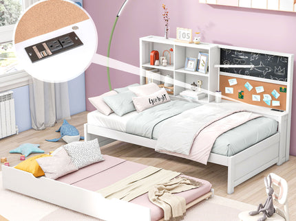 Twin Size Daybed With Storage Shelvesboard, Cork Board, USB Ports And Trundle - White