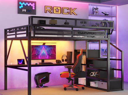 Loft Bed With Desk And Charging Station With Stairs And Light