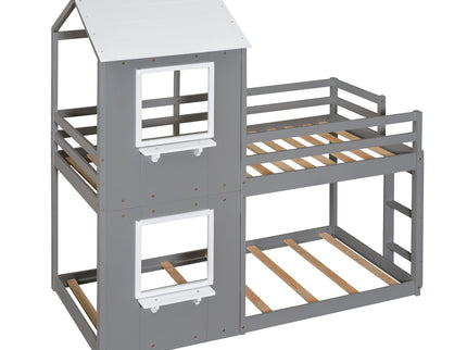 Bunk Bed Wood Bed & Roof, Window, Guardrail, Ladder