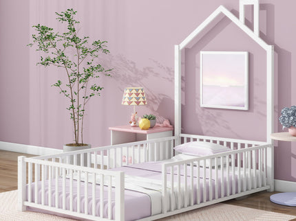 Metal House Platform Bed With Guardrail And Chimney