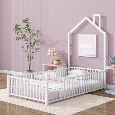 Metal House Platform Bed With Guardrail And Chimney